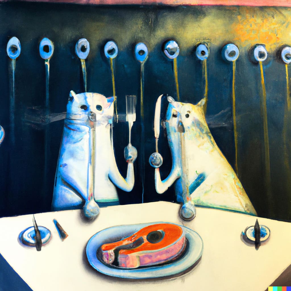 Pintura de gatos cenando comida húmeda