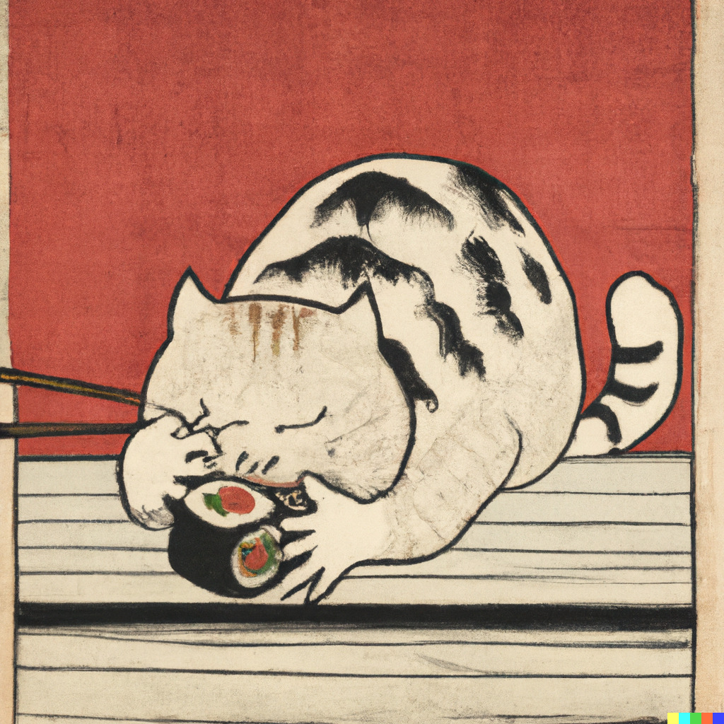 Gato comiendo sushi, con estilo de Ukiyo-e. Imagen generada con Dall-e