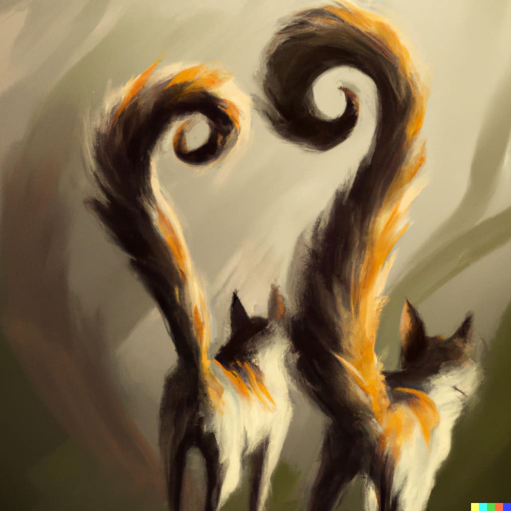 Dos gatos con su cola en forma de gancho. Imagen generada con Dall-e